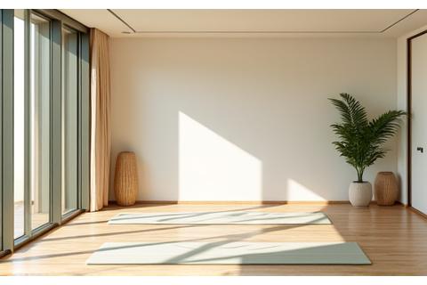 자연광이 가득한 평화로운 요가 스튜디오 내부, 요가 매트와 명상 쿠션이 가지런히 놓여있음